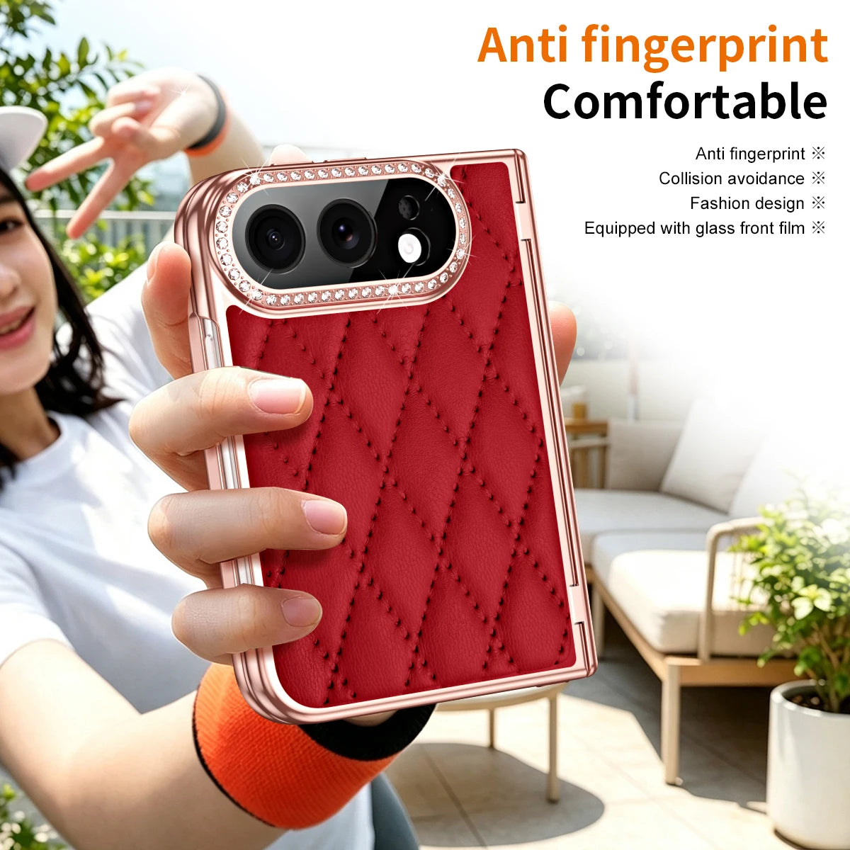 Quilted Leather Hinge Protection Case with Full-Perimeter Metal Frame for iPhone Duo