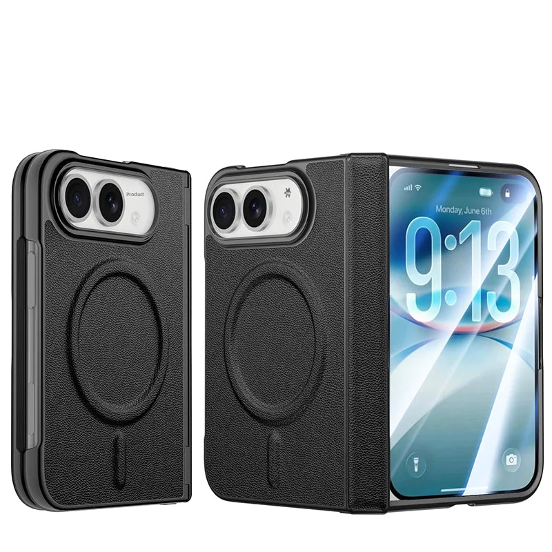 Vegan Leather Shockproof Foldable Case with Full Hinge Protection for iPhone Duo