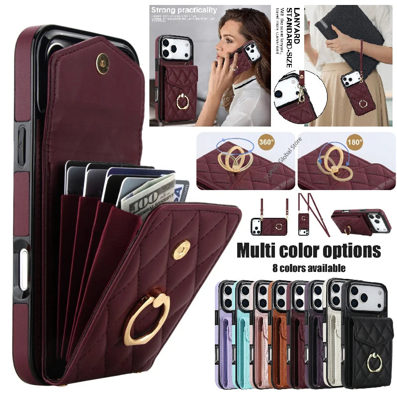 Premium Leather Wallet Case with Ring and Lanyard for iPhone 17 Series