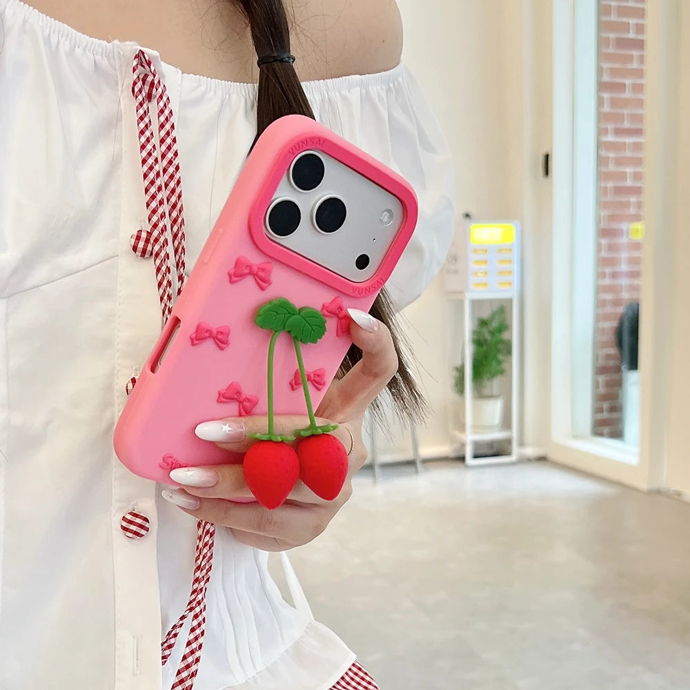 3D Strawberry Bow Silicone Case for iPhone 17 Series