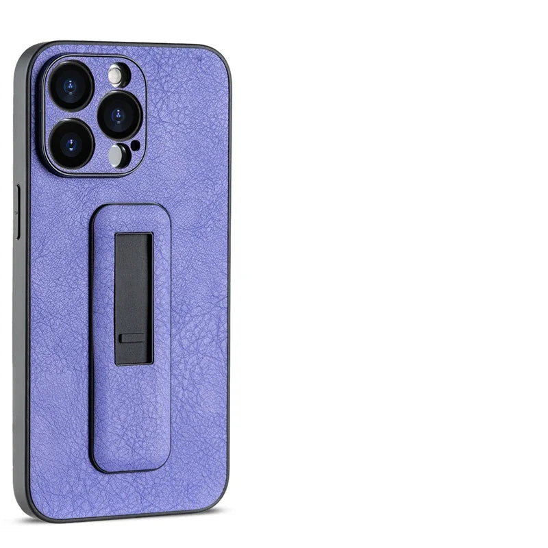 Professional PU Leather Armor Case with Grip Stand for iPhone 15 Series