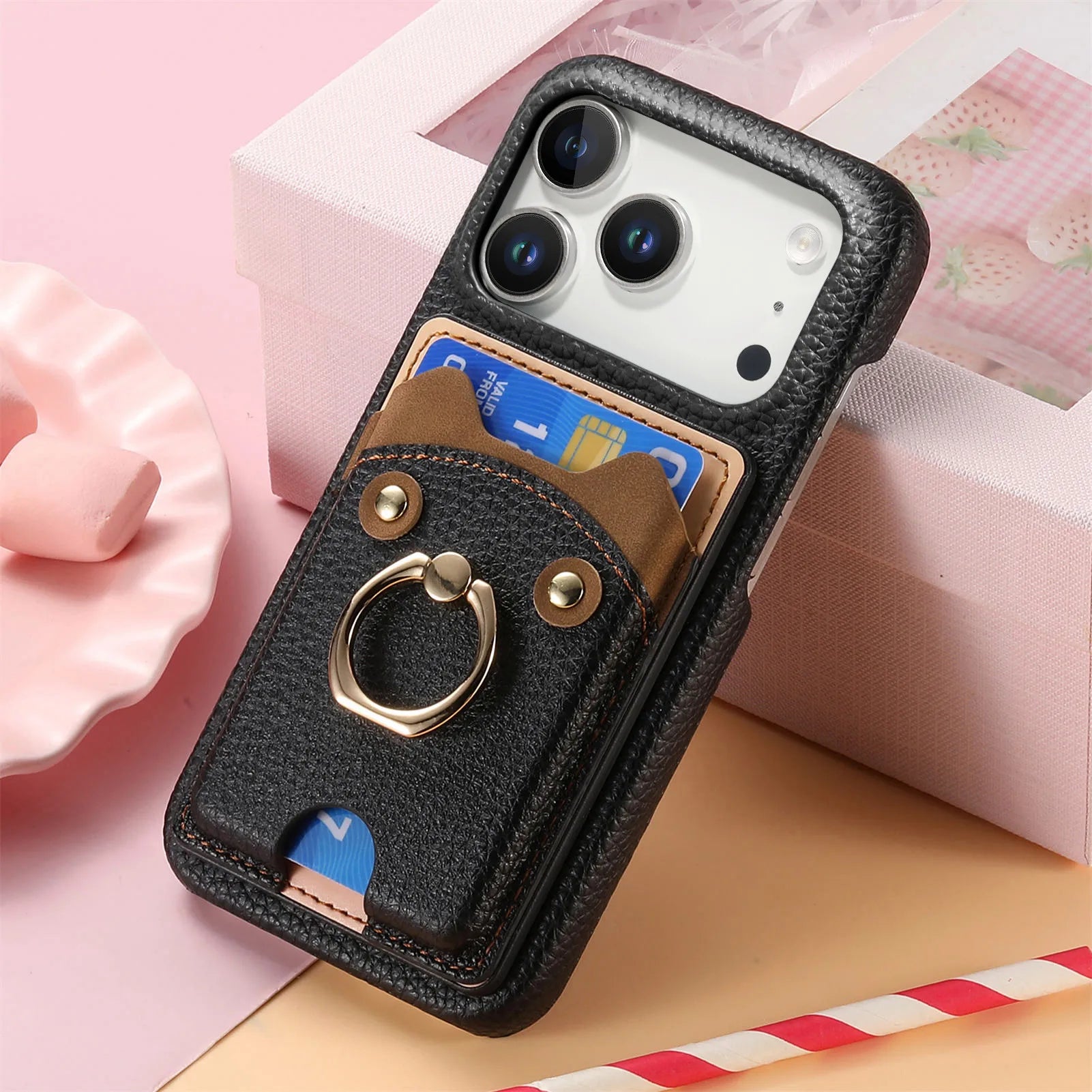 Premium Lychee Pattern Leather Wallet Case with Ring Holder & Vertical Card Slot for iPhone 17 Series