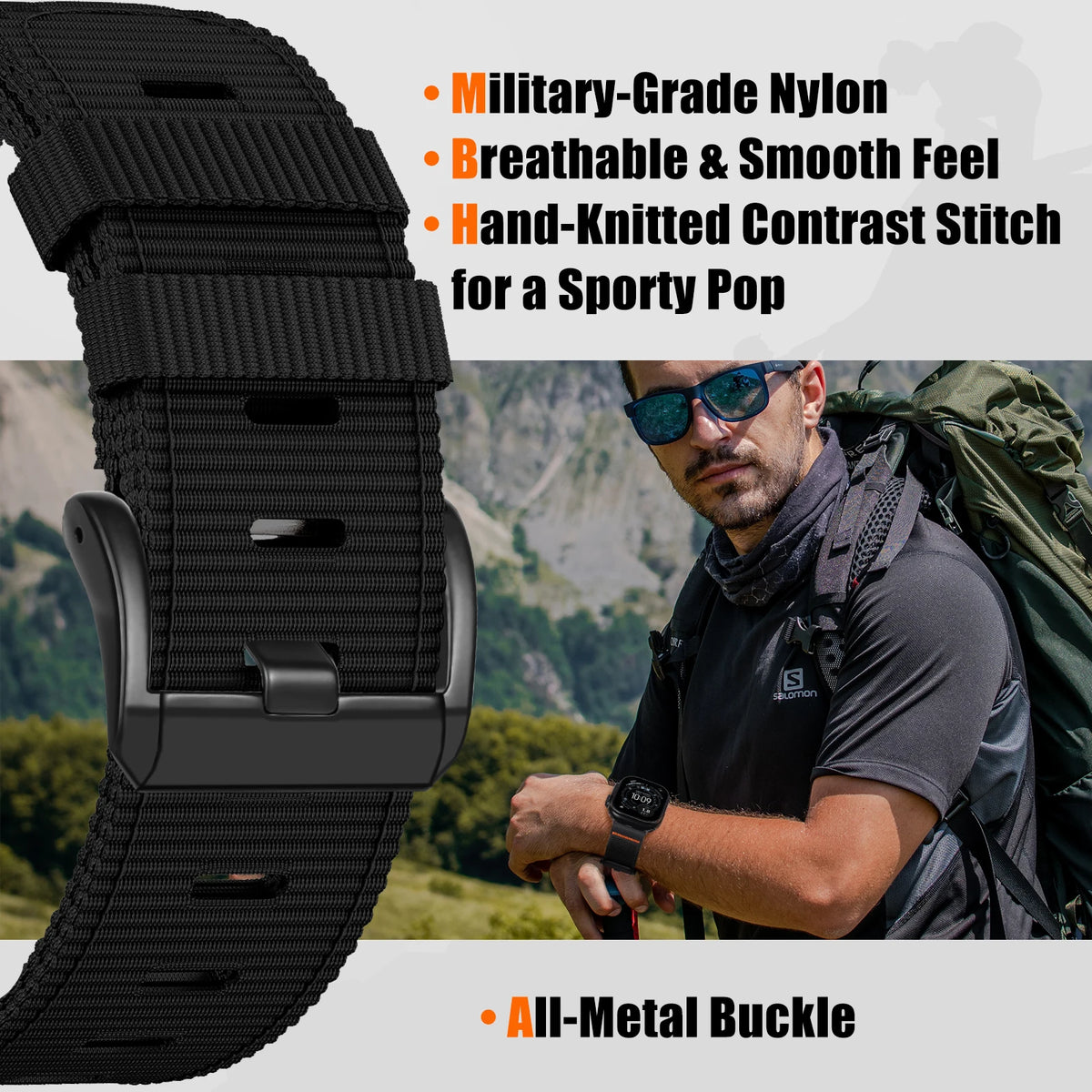 Ribbed Nylon Band with Hook-and-Loop Velcro Closure for Apple Watch