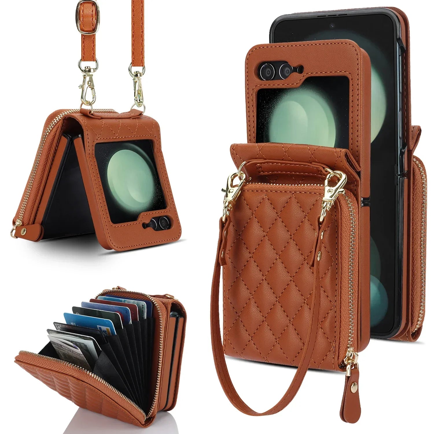 Crossbody Leather Wallet Case with Zipper & Card Holder for Samsung Galaxy Z Flip 6