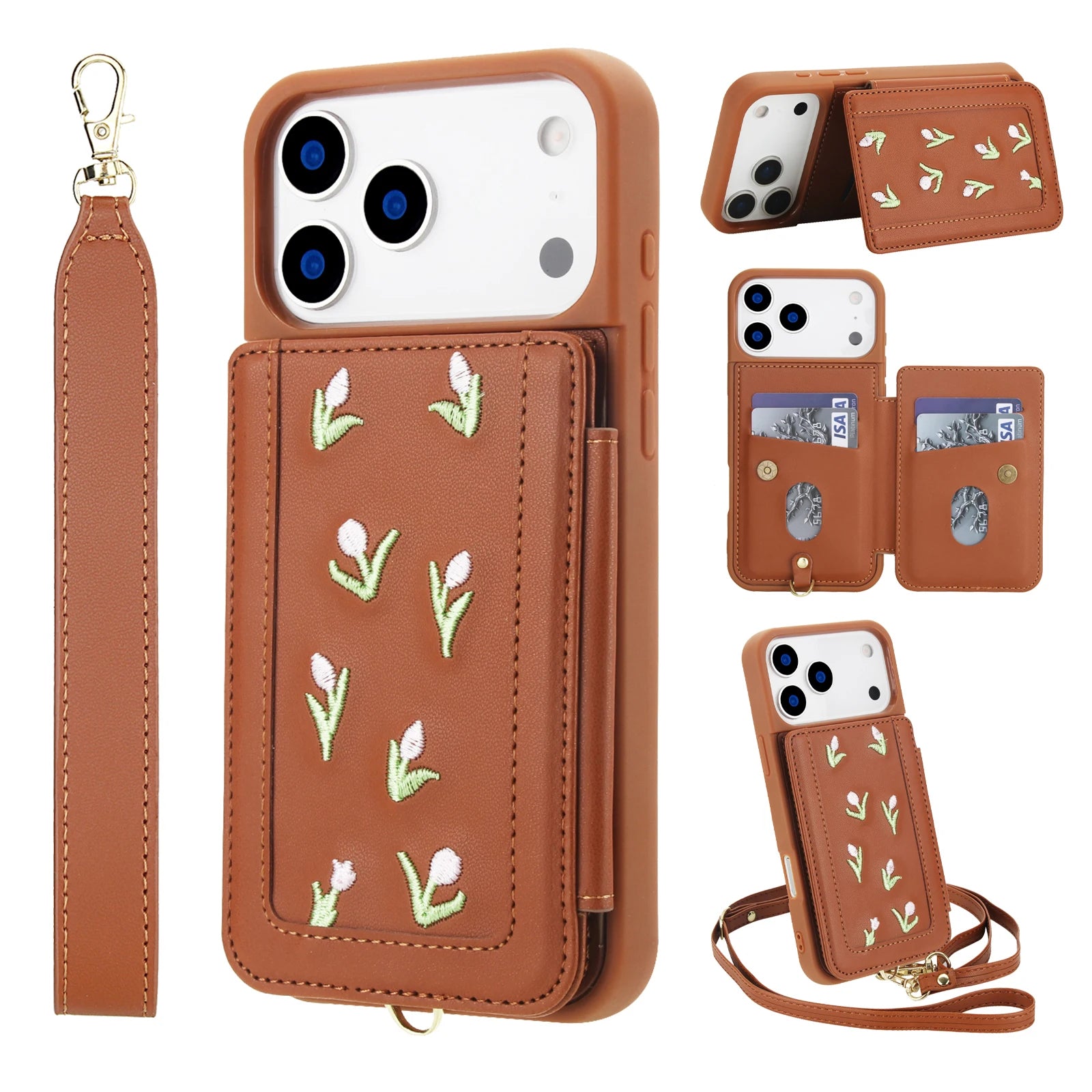 Skin Feel Embroidered Leather Wallet Case for iPhone 17 Series
