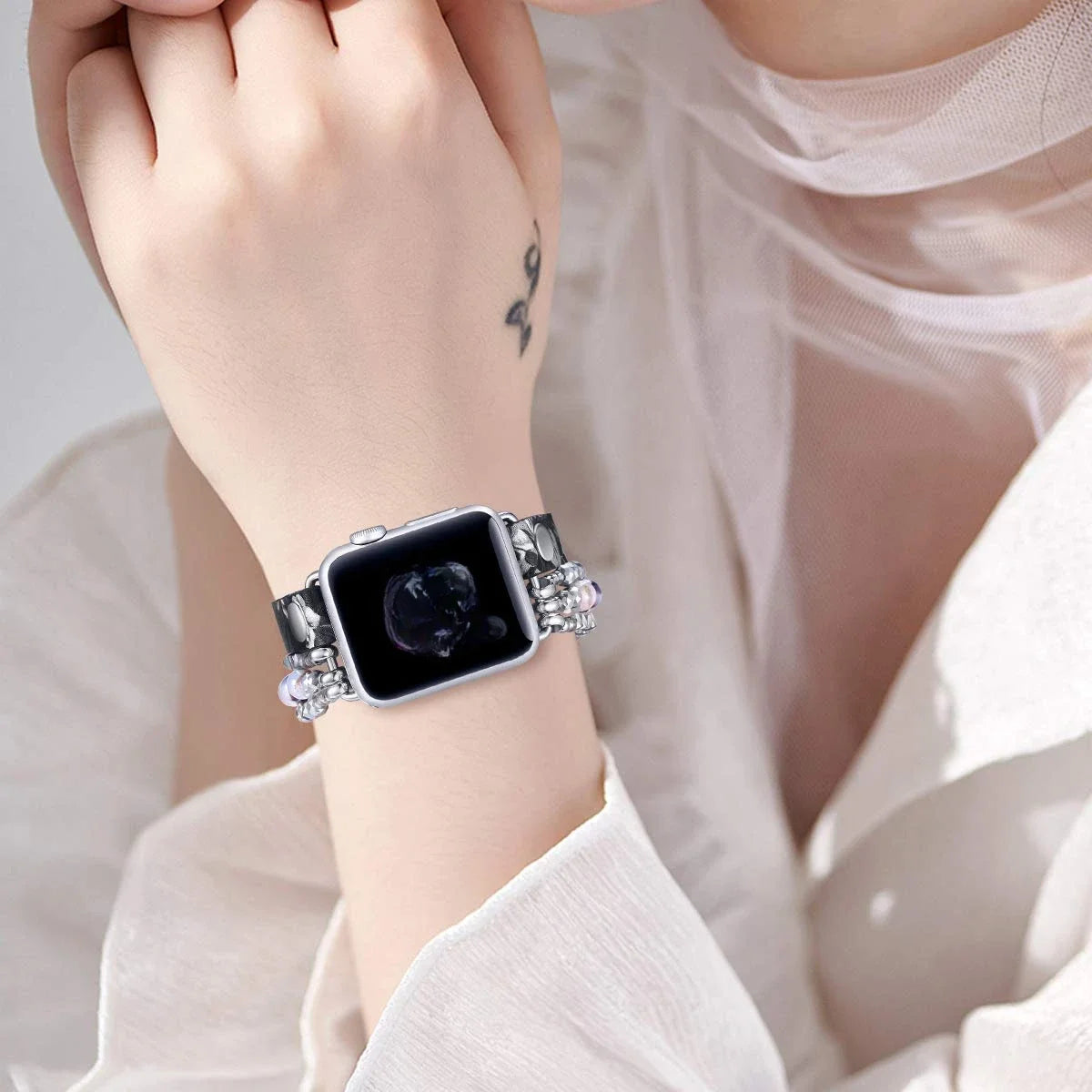 Elastic Leather Beaded Bracelet Strap for Women's Apple Watch
