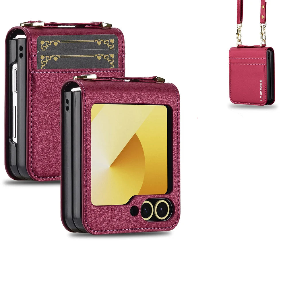 Samsung Galaxy Z Flip 6 Leather Case with Wrist Strap and Card Holder