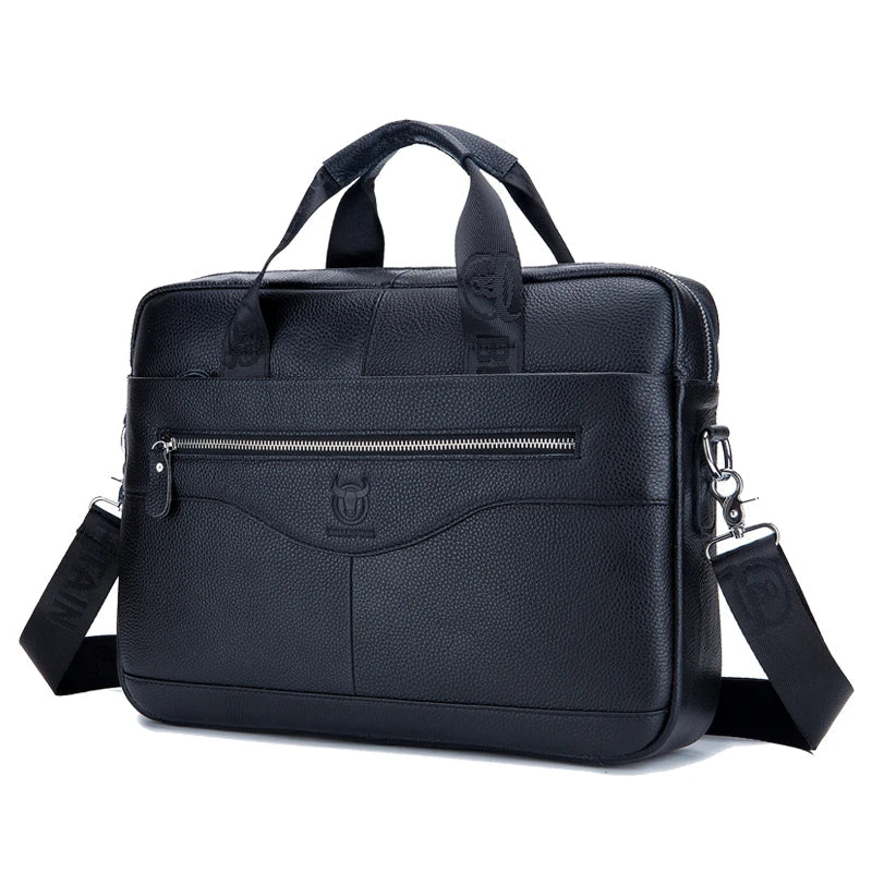 Black leather briefcase with shoulder strap on a white background