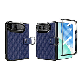 Quilted Leather Case with Ring Holder and Tempered Glass Film for iPhone Duo