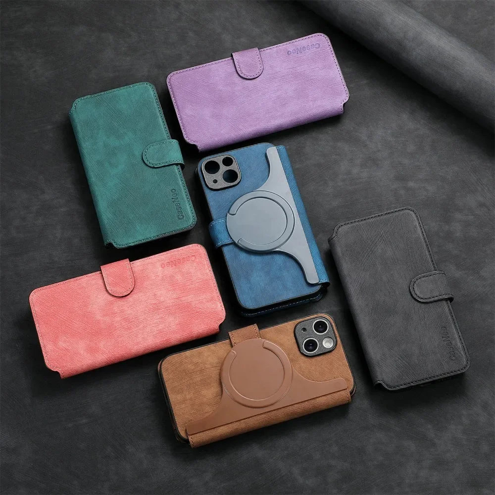 Magnetic Leather Wallet Case with Detachable Card Slot for iPhone 15 Series