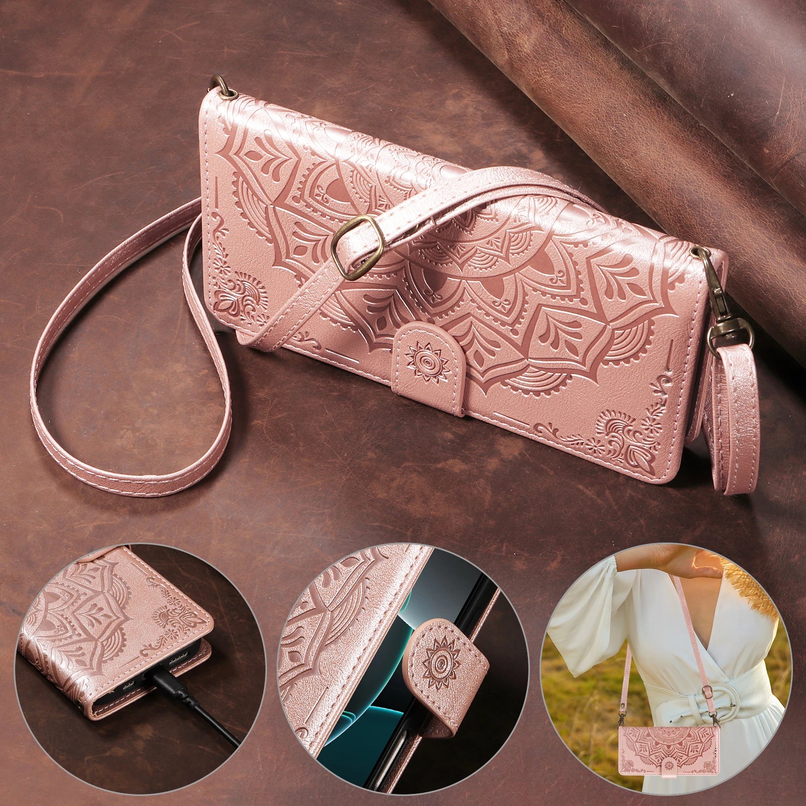 Embossed Datura Leather Wallet Case for iPhone 17 Series