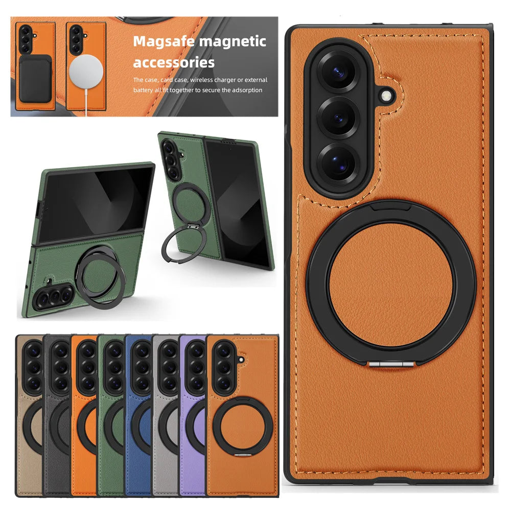 Samsung Galaxy Z Fold 7 Premium Leather Magnetic Case with Ring Stand