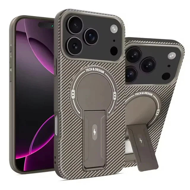Military-Grade Luxury Carbon Fiber Pattern MagSafe Case with Foldable Stand for iPhone 17 Series