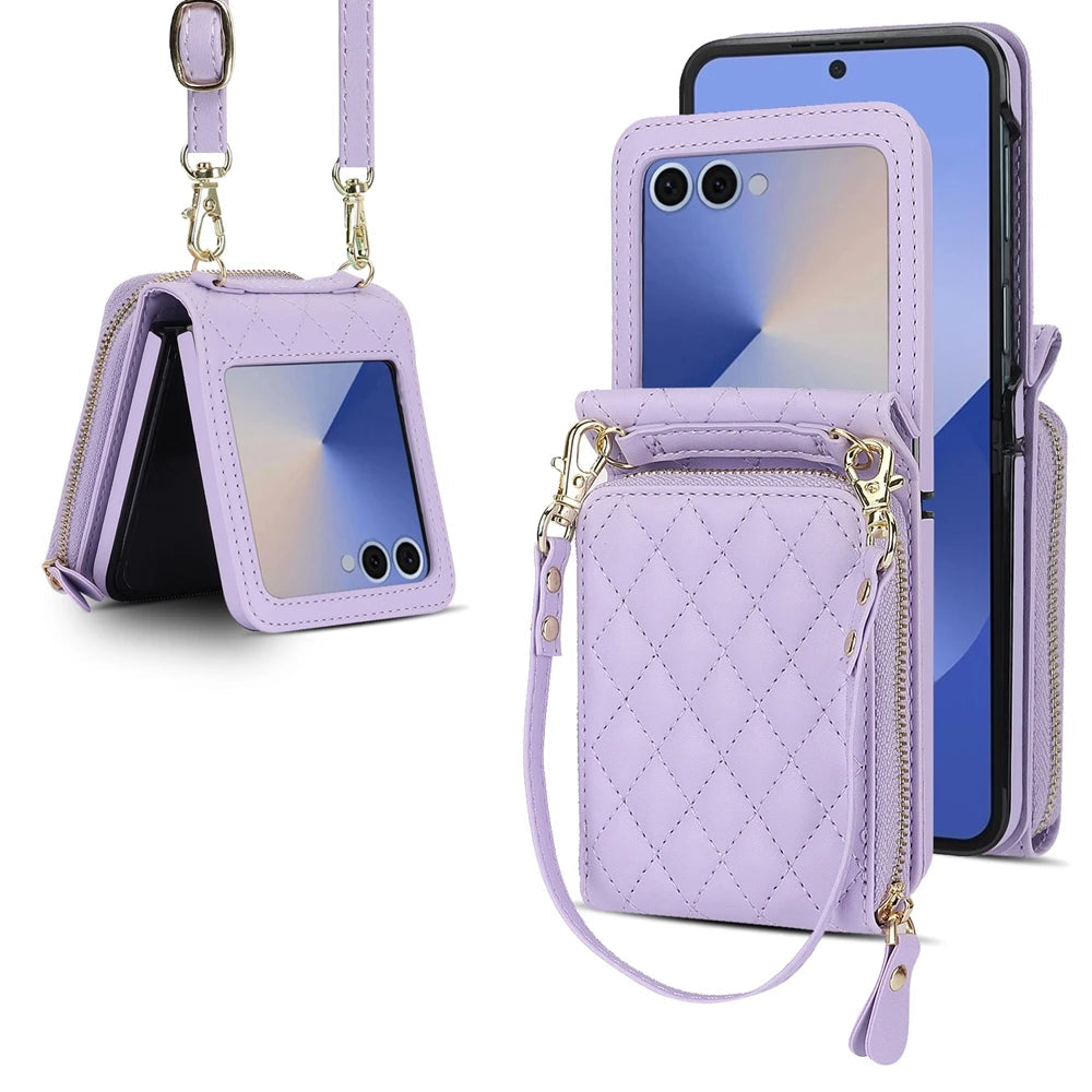 Shockproof Leather Crossbody Case with Lanyard and Wallet Pouch for Samsung Galaxy Z Flip 7