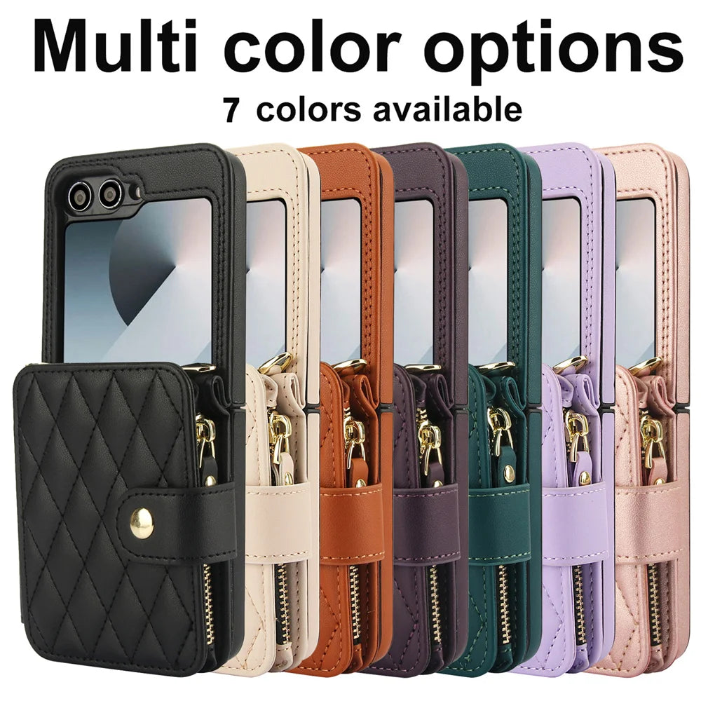 Premium Leather Crossbody Case with Card Holder & Wrist Strap for Samsung Galaxy Z Flip 6