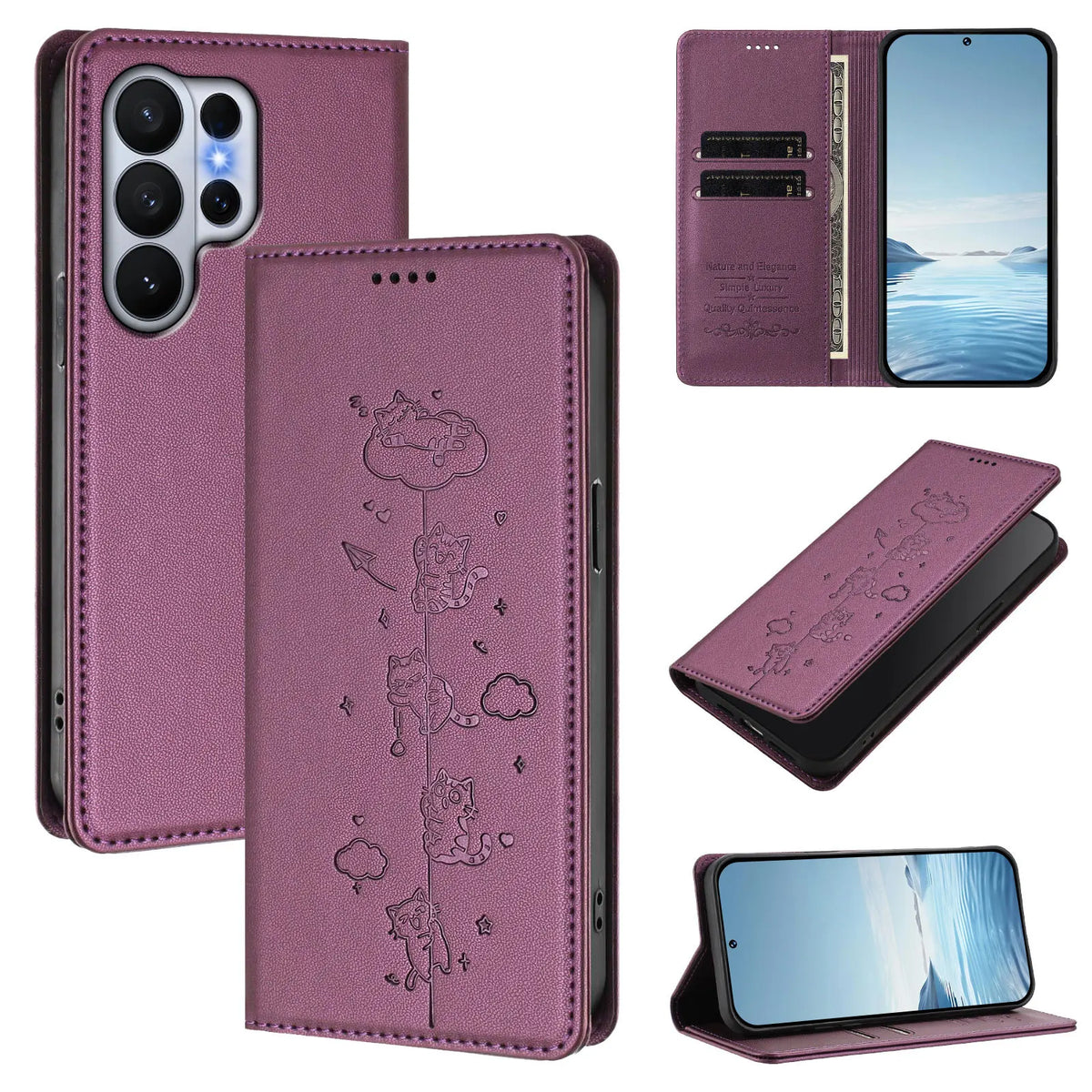 Cute Cat Embossed Leather Wallet Case for Samsung Galaxy S26 Series