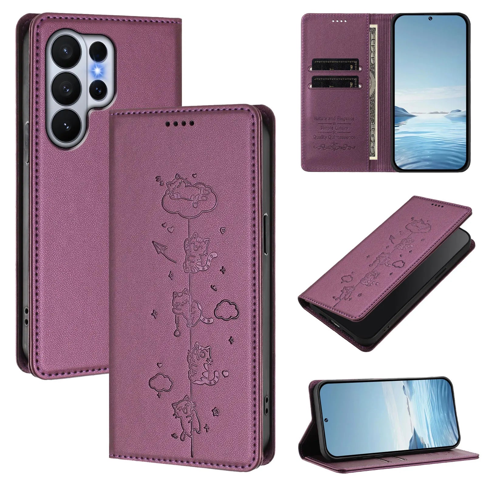 Cute Cat Embossed Leather Wallet Case for Samsung Galaxy S26 Series
