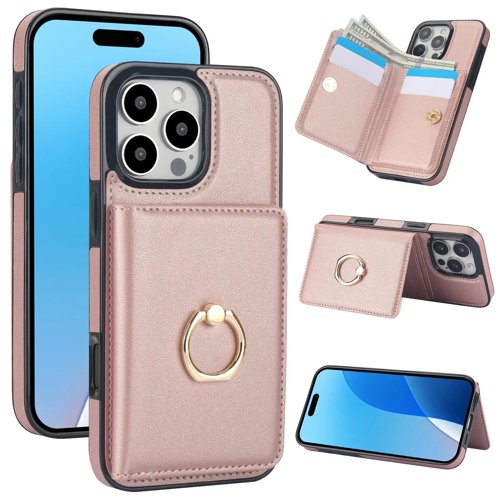 Premium Leather Wallet Case with 360° Ring for iPhone 16 Series