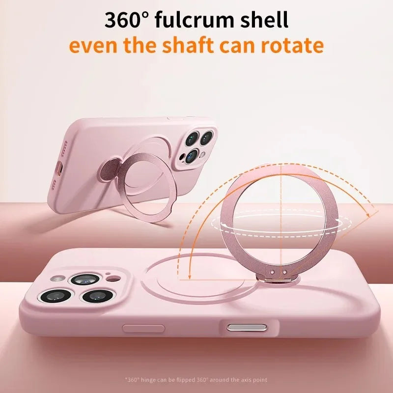 iPhone 16 Series Silicone MagSafe Case with Rotating Ring Holder Stand