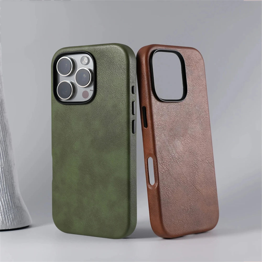Business Retro PU Leather MagSafe Shockproof Case for iPhone 16 Series
