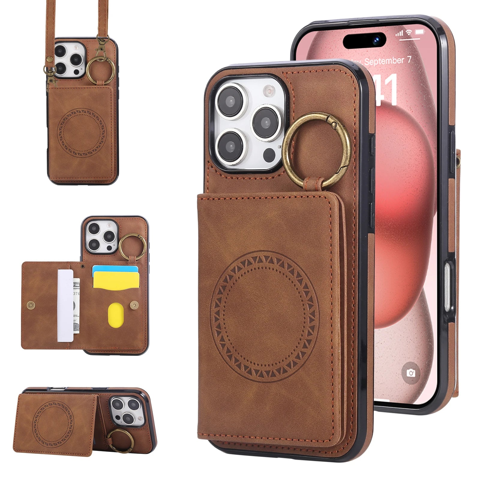 Crossbody Magnetic Leather Wallet Case for iPhone 16 Series