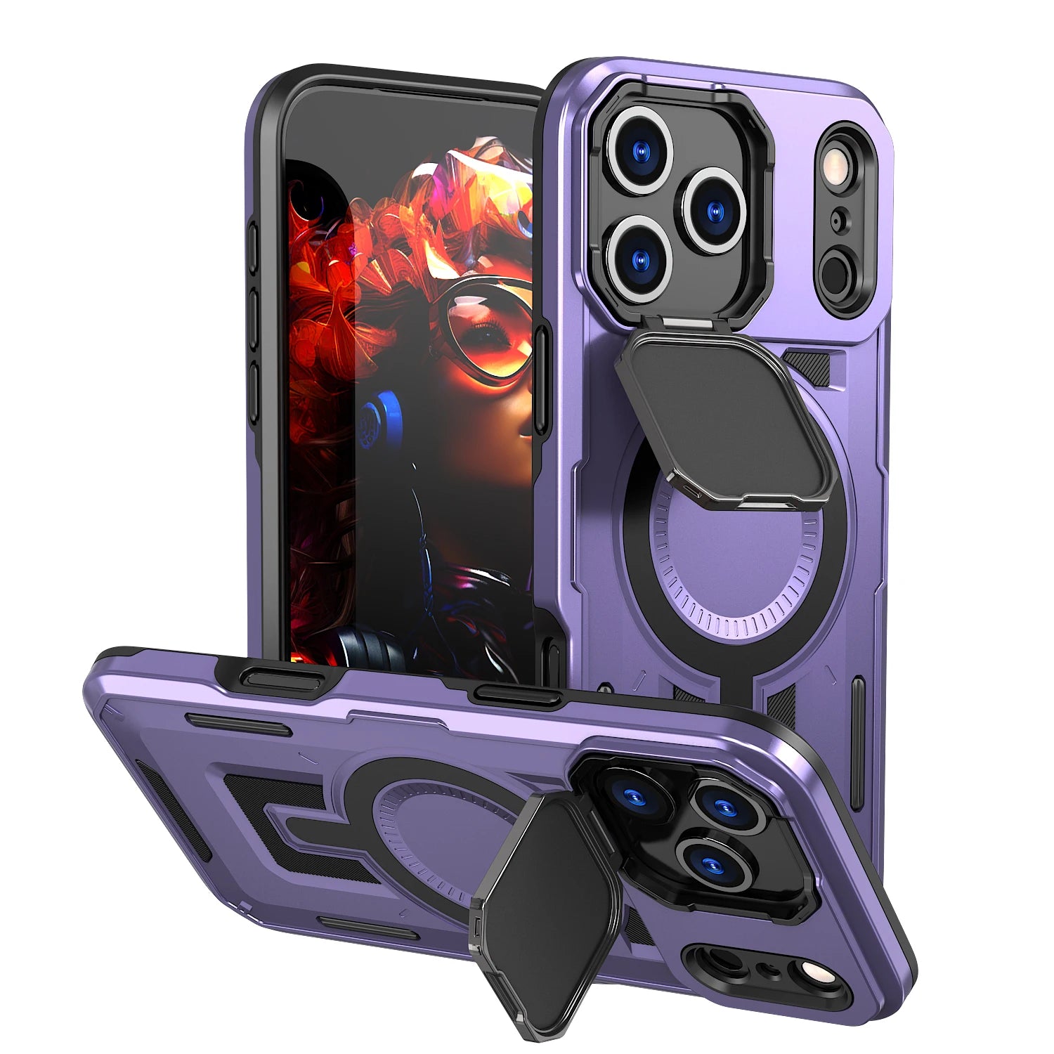 Shockproof Armor MagSafe Case with Lens Cover and Stand for iPhone 17 Series