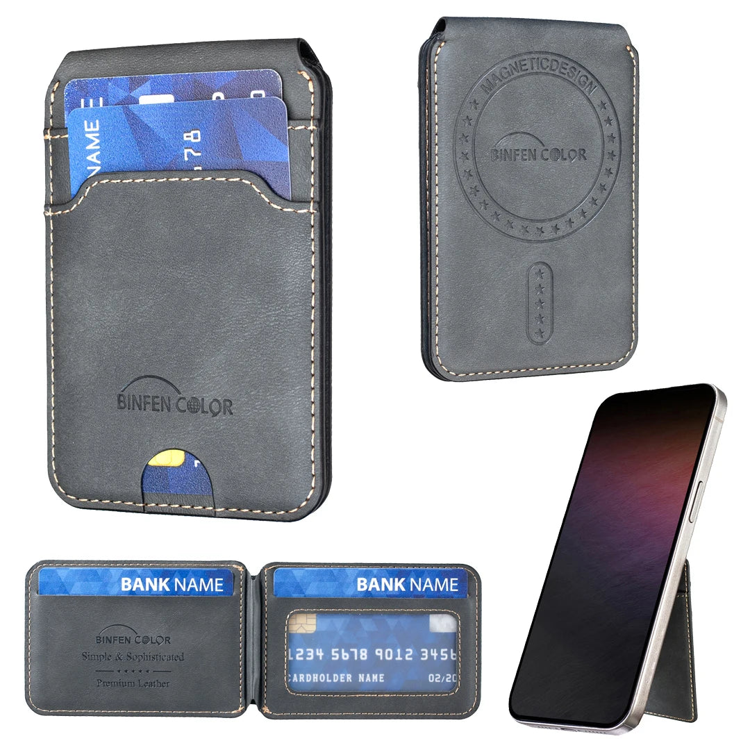 RFID Blocking Magnetic Leather Wallet with Foldable Hinge Stand