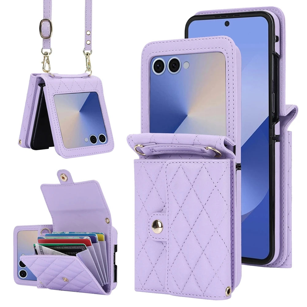 Anti-Drop Leather Wallet Case with Crossbody Strap and Card Holder for Samsung Galaxy Z Flip 7