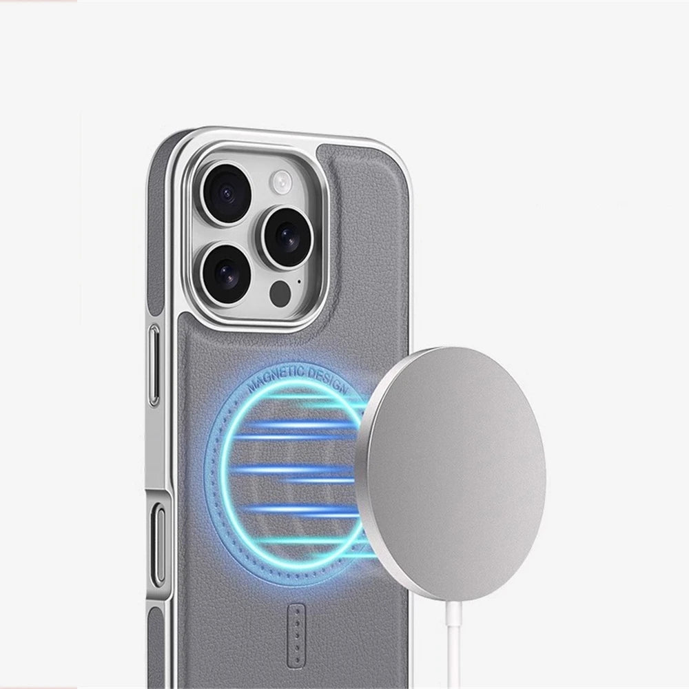 Luxury Plating Frame PU Leather Shockproof MagSafe Case for iPhone 17 Series