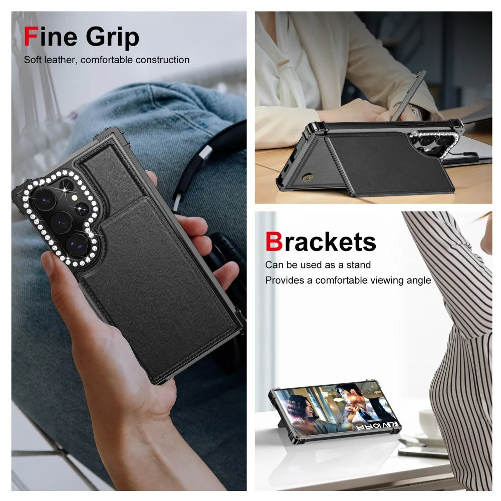 Luxury Glitter Bling Wallet Flip Phone Case with Card Slot Holder for Samsung Galaxy S24 Series