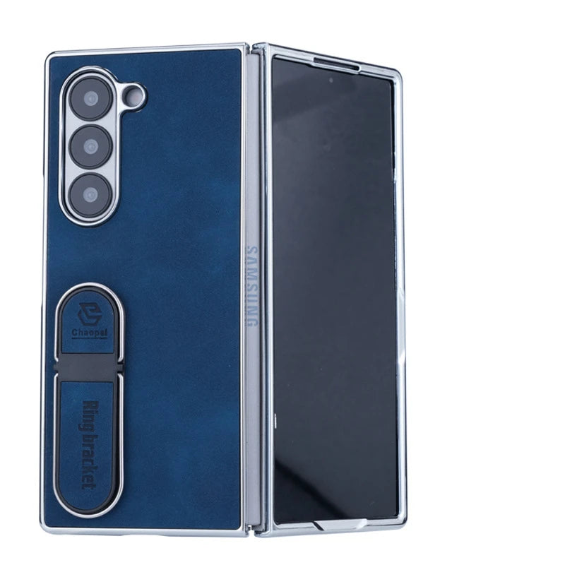 Seismic PC Shell Leather Textured Plating Case with Fingertip Holder for Samsung Galaxy Z Fold 6