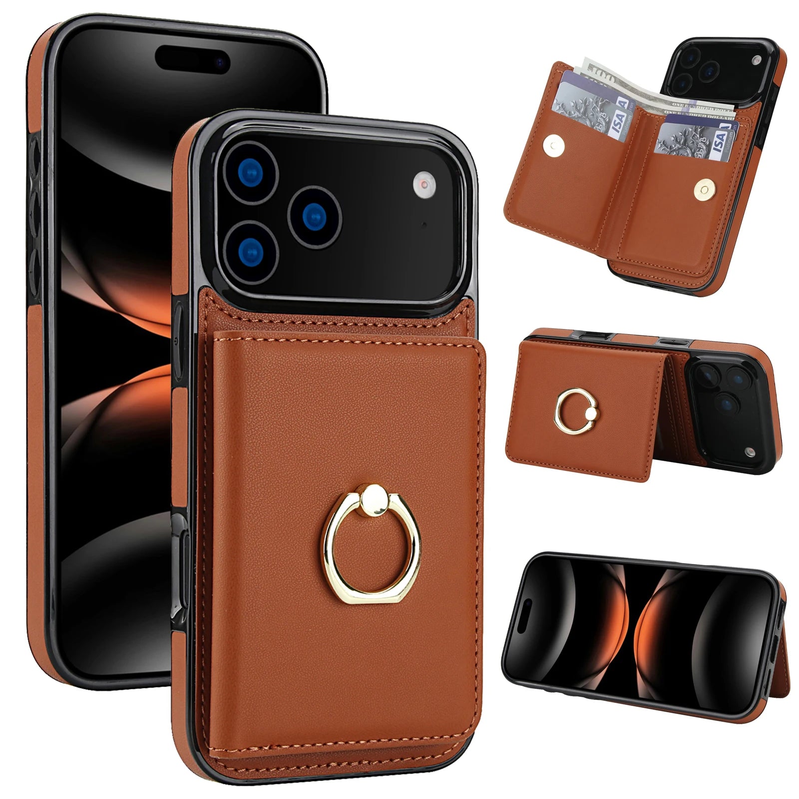 iPhone 17 Series Leather Case with Card Holder and Kickstand