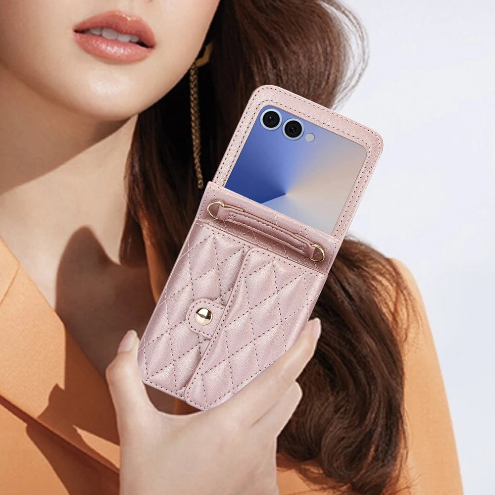 Anti-Drop Leather Wallet Case with Crossbody Strap and Card Holder for Samsung Galaxy Z Flip 7