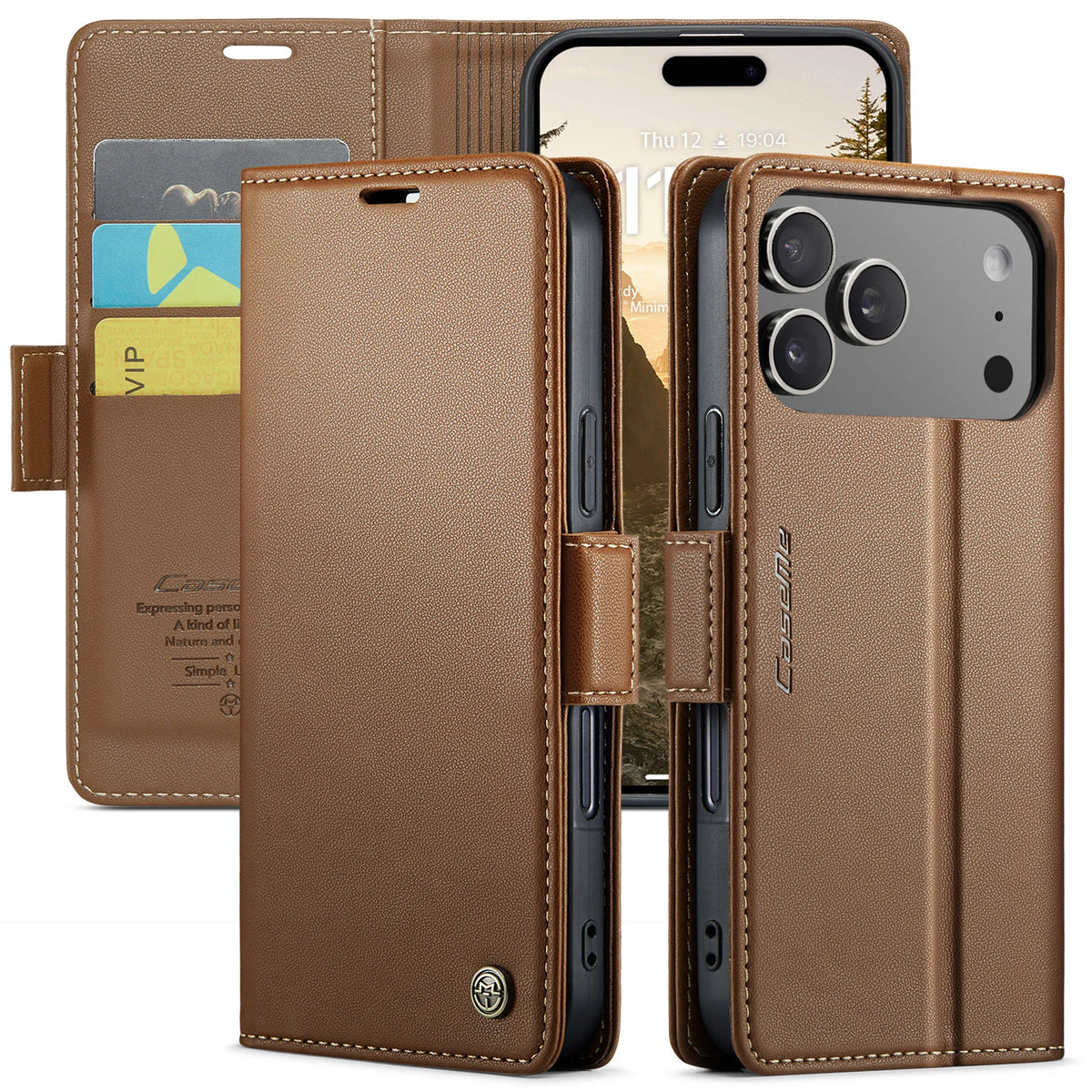 Pebbled Leather Magnetic Flip Wallet Case with Foldable Kickstand for iPhone 18 Series