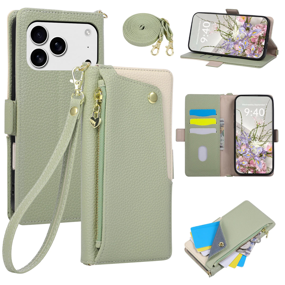 Pebbled Leather Crossbody Wallet Case with Detachable Shoulder Strap for iPhone 18 Series