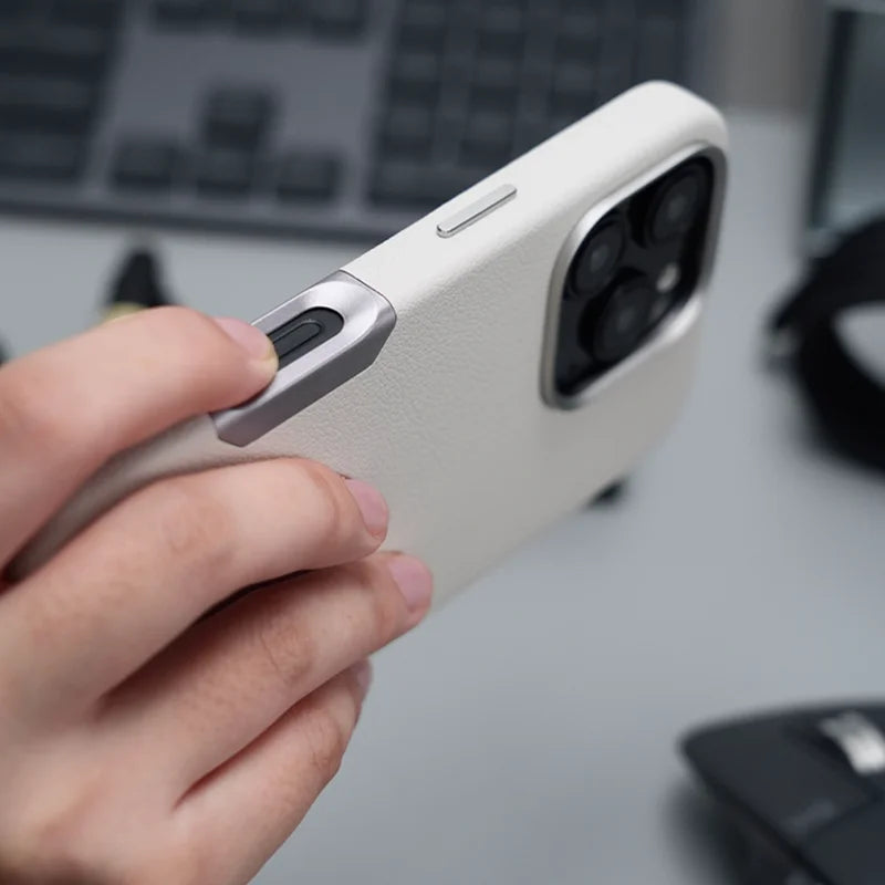 Premium Magnetic Vegan Leather Full Cover Case with Aluminum Alloy Camera Button Bezel for iPhone 16 Series