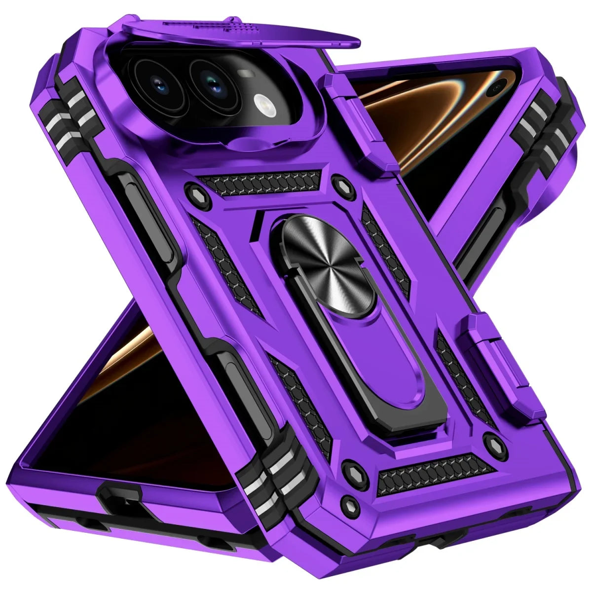 Military-Grade Case with Flip Camera Cover and Rotating Ring Stand for iPhone Duo