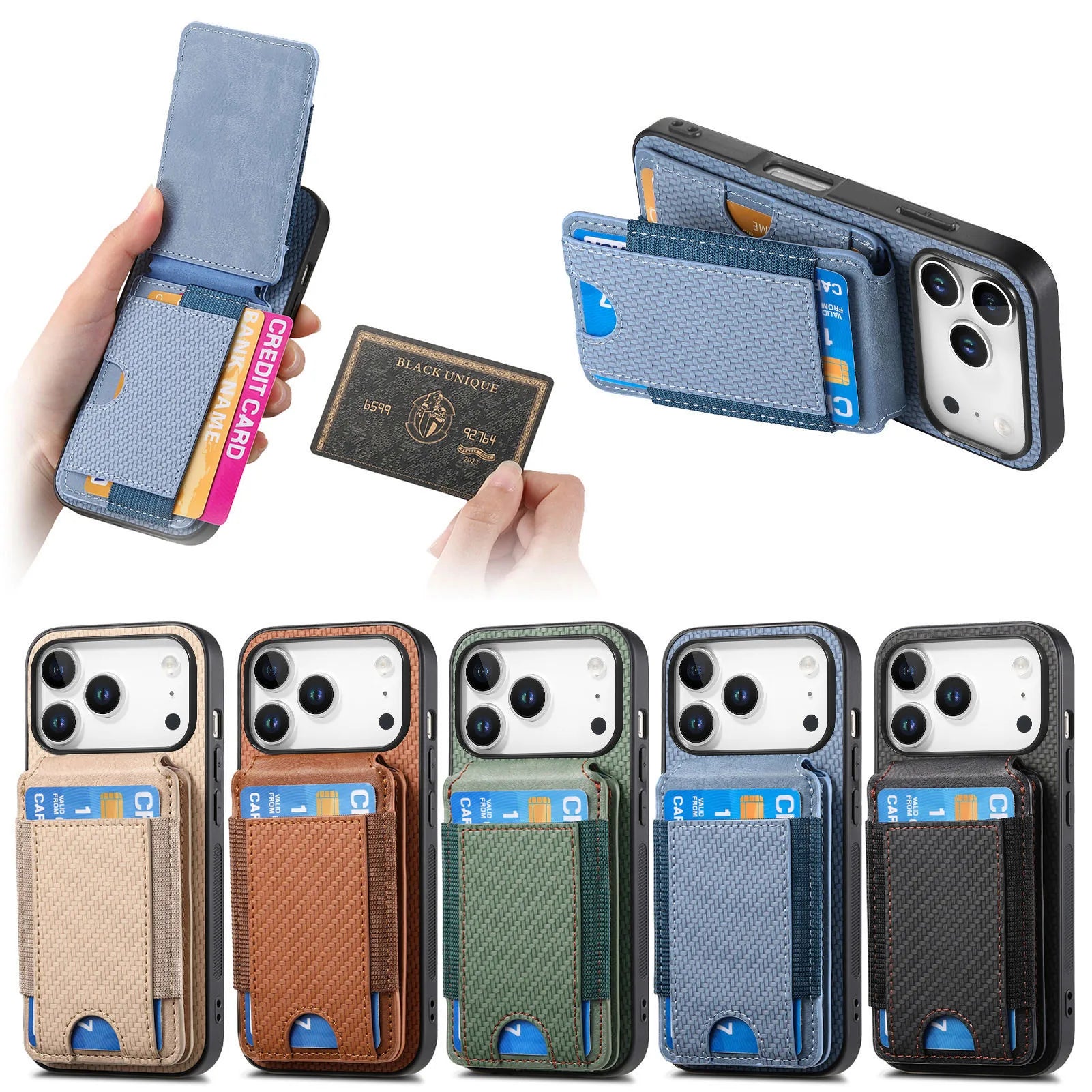Carbon Fiber Design Vertical Flip Phone Holder Wallet Case for iPhone 17 Series