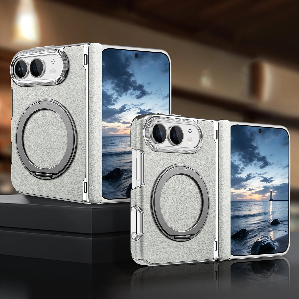 Shockproof Lychee Leather Case with 360° Rotating Ring Stand for iPhone Duo