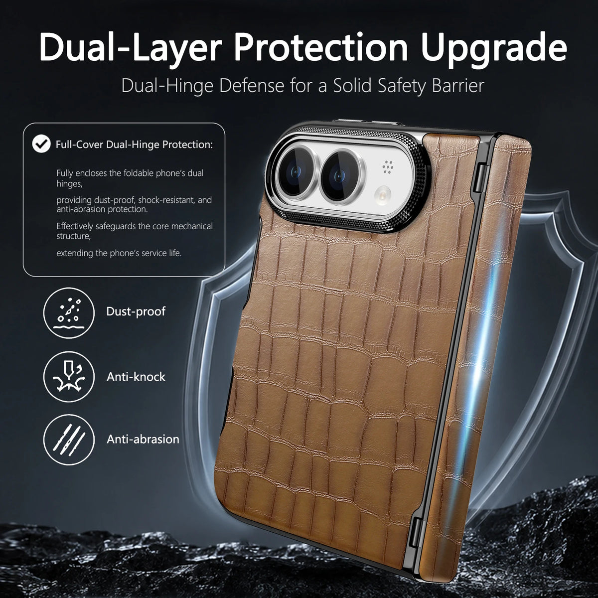 Crocodile Embossed Leather Case with Camera Lens Protection Ring for iPhone Duo