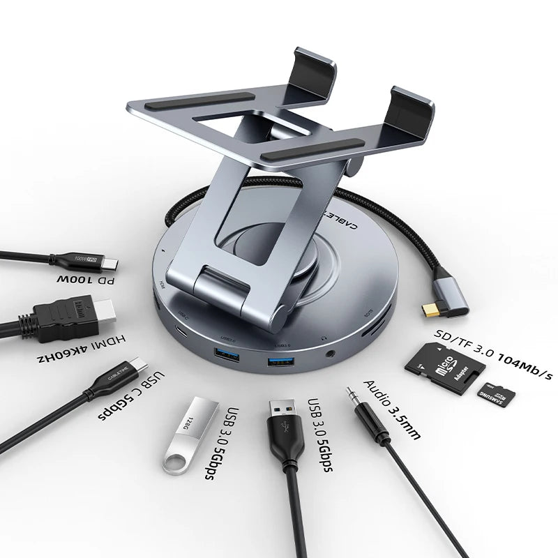 CABLETIME 8-in-1 USB-C Hub Dock with 360° Rotating Stand