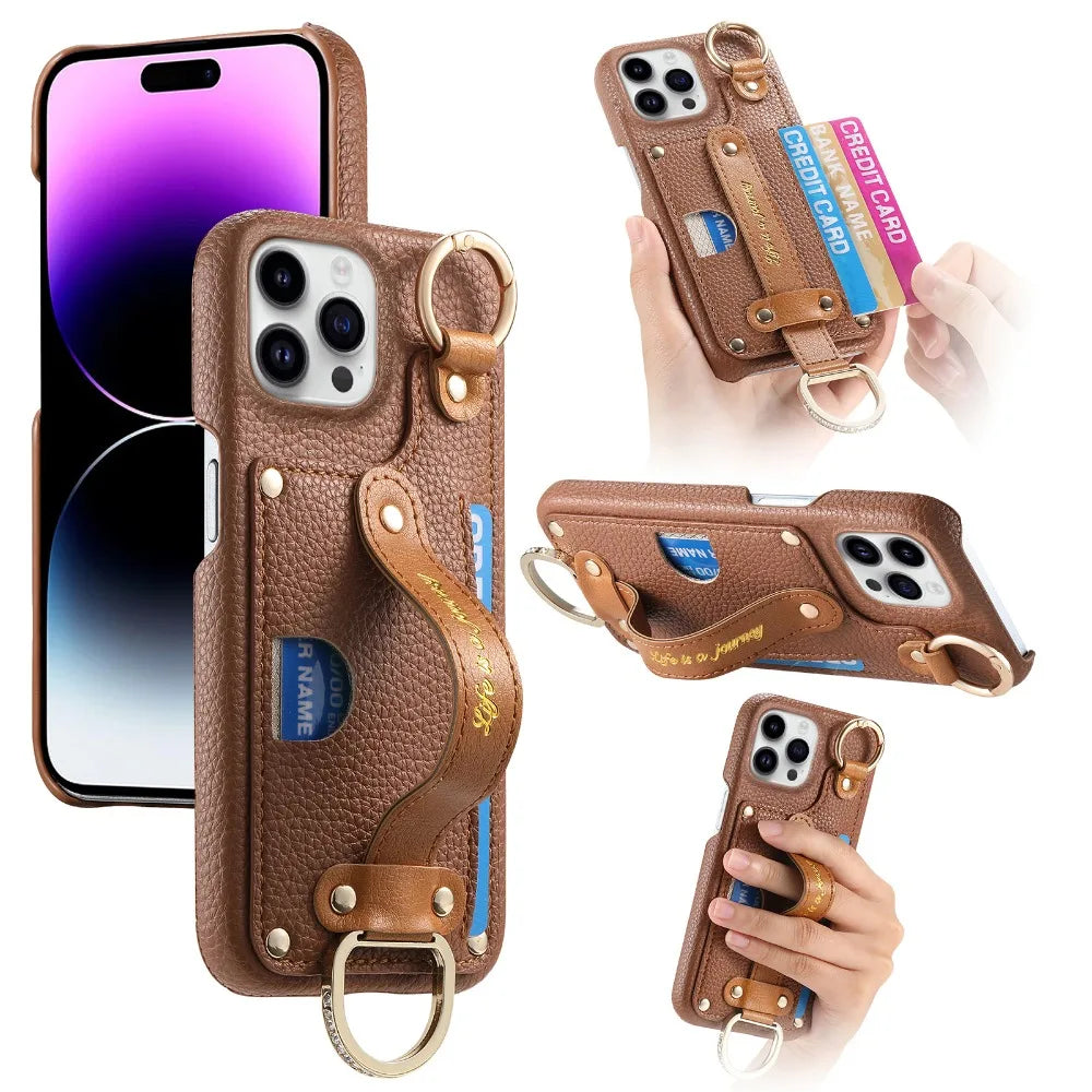 iPhone 16 Series Leather Wallet Case with Wrist Strap & Card Holder