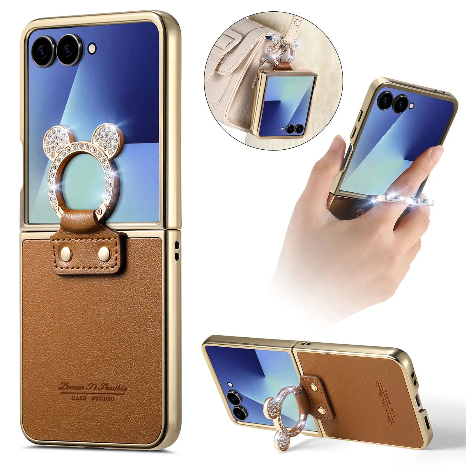 Luxury Leather Case with Rhinestone Ring Holder for Samsung Galaxy Z Flip 7