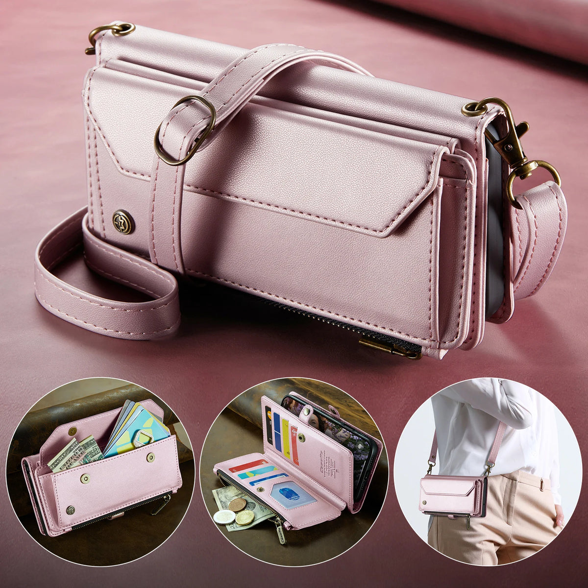 Leather Crossbody Wallet Case with Removable Shoulder Strap for iPhone 18 Series