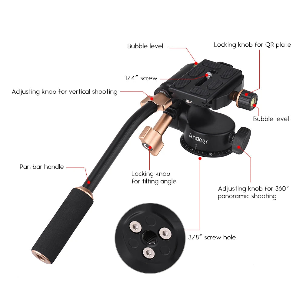 Andoer Q08S Aluminum Alloy 3-Way Damping Tripod Video Head with Pan Bar Handle