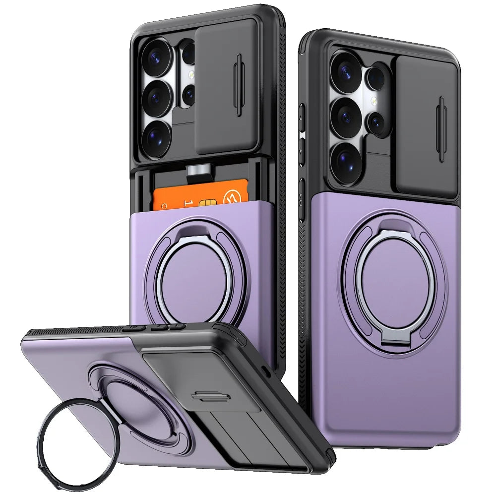 Shockproof Case with Sliding Camera Cover and Folding Ring for Samsung Galaxy S25 Series
