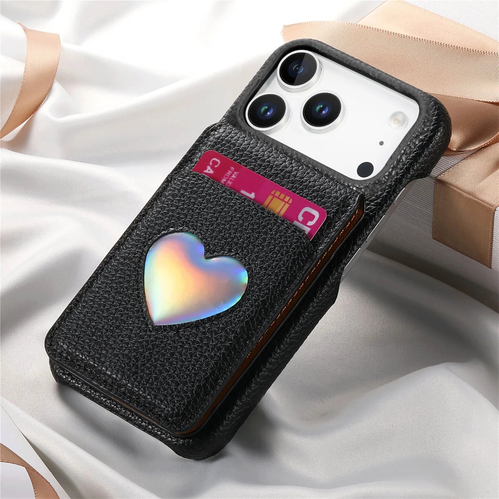 Lychee Pattern Love Heart Leather Wallet Case with Mirror & RFID Protection for iPhone 17 Series