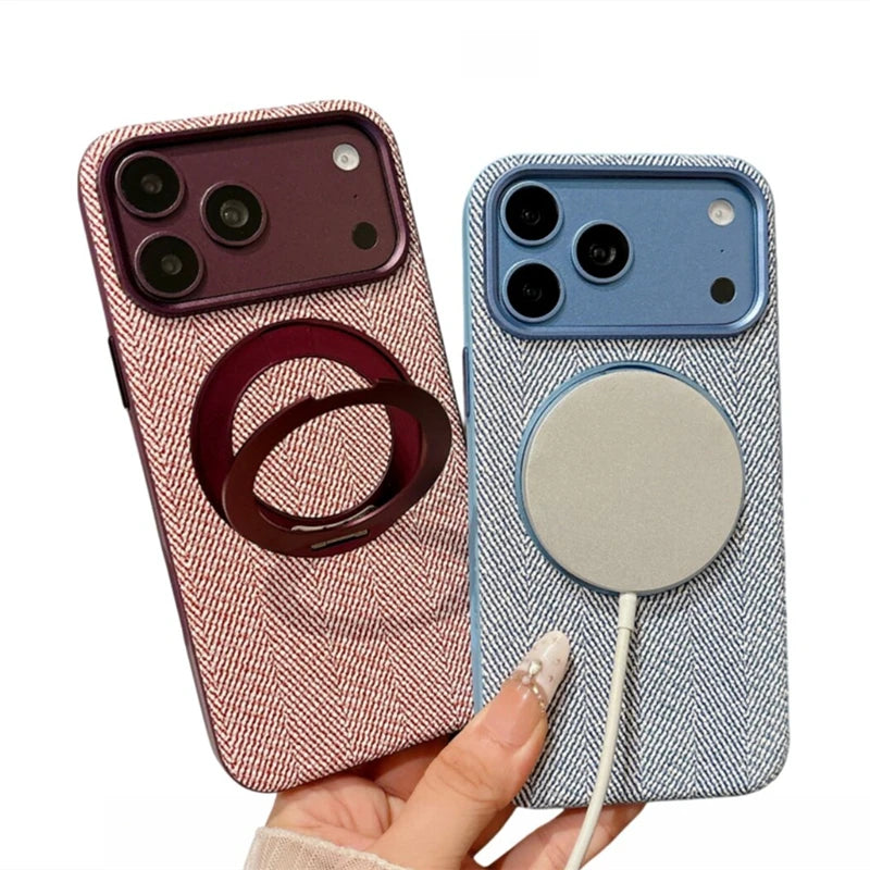 Canvas Weave MagSafe Case with 360° Rotating Ring Stand for iPhone 18 Series