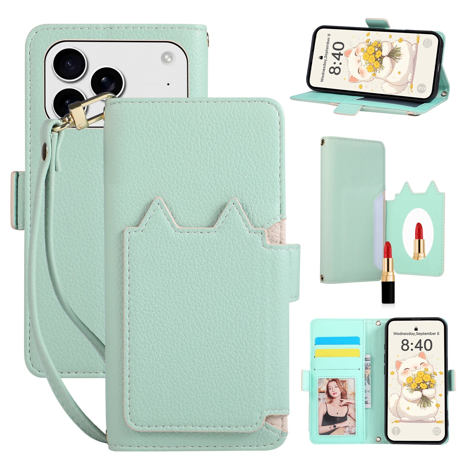 Leather Folio Wallet Case with Strap and Mirror for iPhone 17 Series
