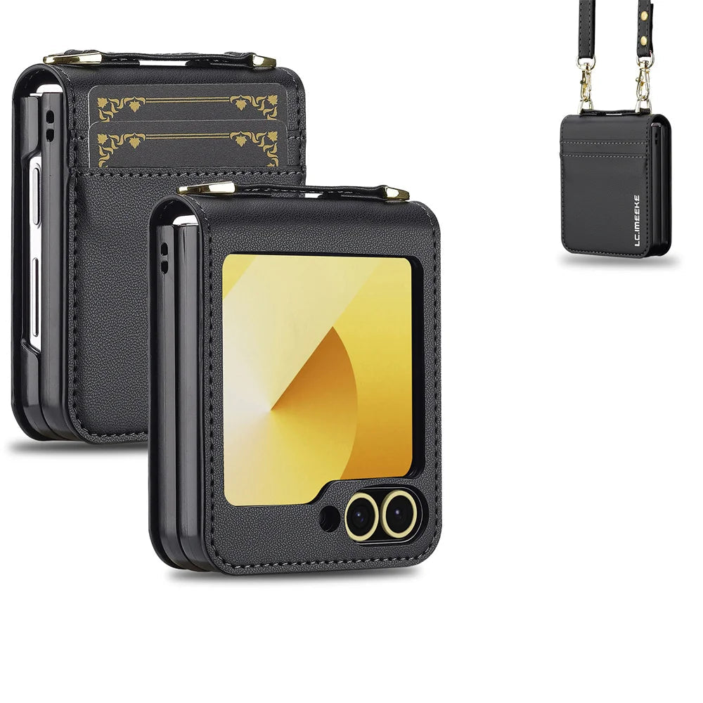 Samsung Galaxy Z Flip 6 Leather Case with Wrist Strap and Card Holder